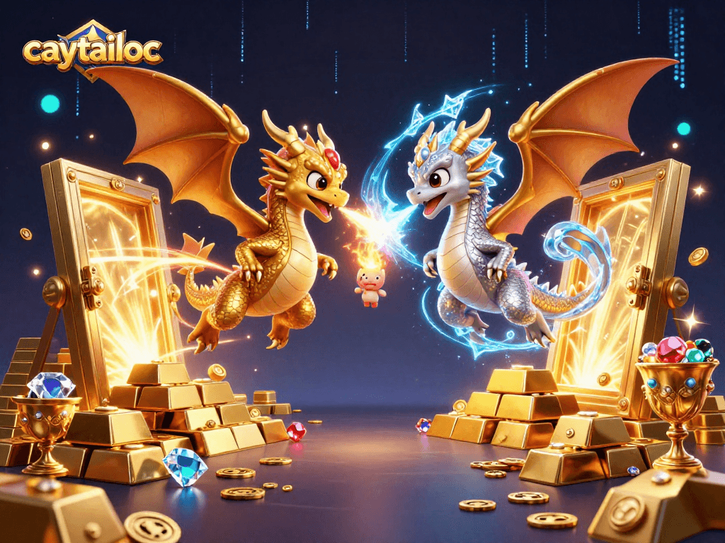 Caytailoc slot game features vibrant dragons intertwined amid treasures bursting from a vault.