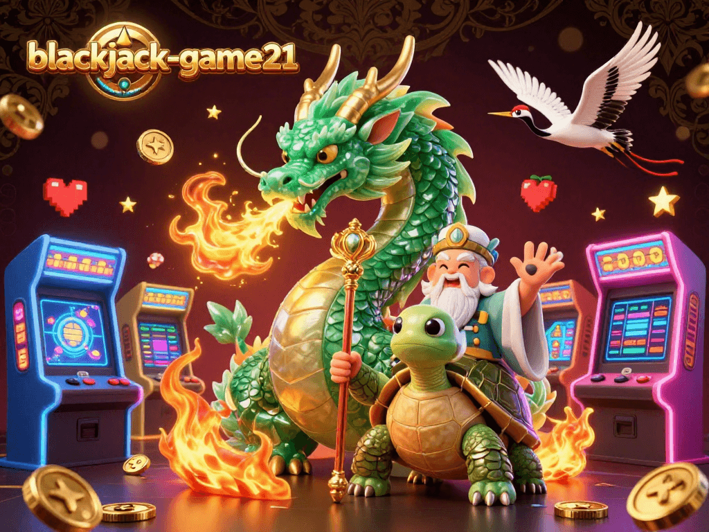 Experience the thrill of blackjack-game21 with a vibrant 3D illustration featuring a dragon and whimsical characters.