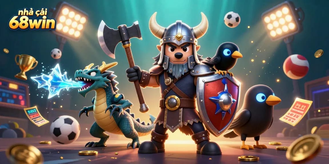 Engage with exciting games at nhà cái 68win while facing the Viking warrior and dragon in a vibrant casino scene.