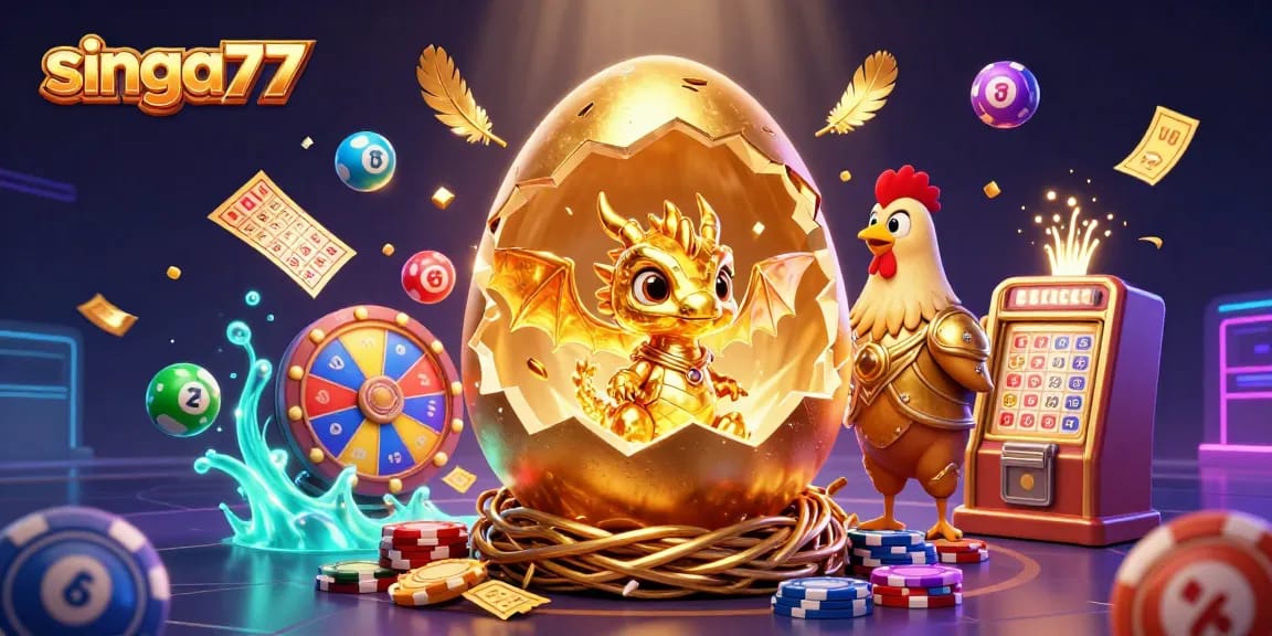 Singa77 showcases a dazzling jackpot scene with a golden dragon amidst vibrant casino elements