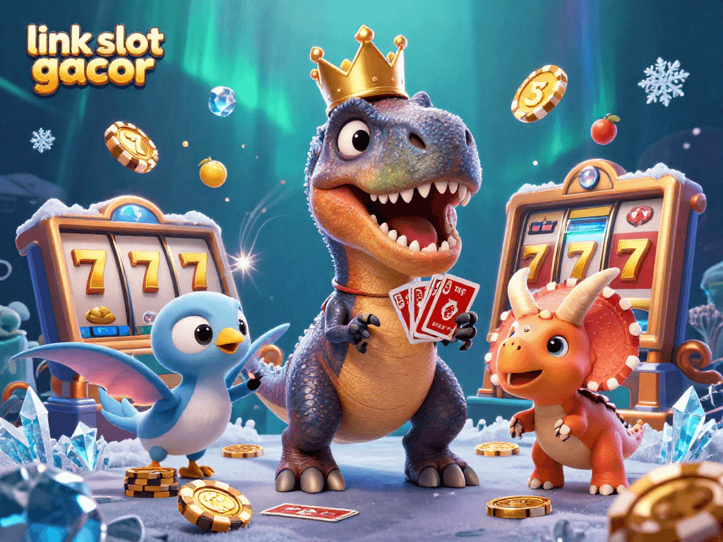 Mainkan link slot gacor dengan T-Rex bermahkota emas dan pterodactyl dalam ilustrasi kasino 3D menakjubkan.