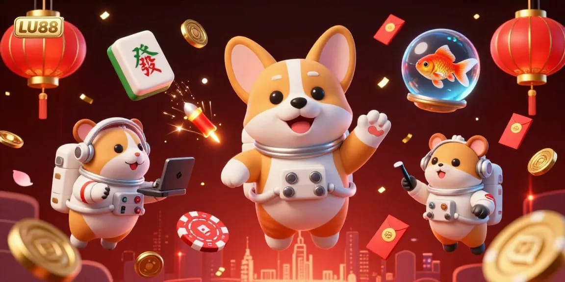 Experience the excitement of LU88 with a dynamic 3D casino illustration featuring engaging characters and vibrant gaming elements.