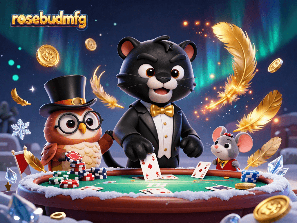 Engage with the rosebudmfg casino characters as they deal cards and hold poker chips in 3D illustration.