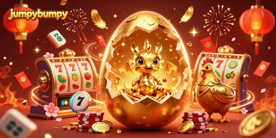 Experience the thrill of jumpybumpy with a golden dragon and slot machine elements in a vibrant casino scene.