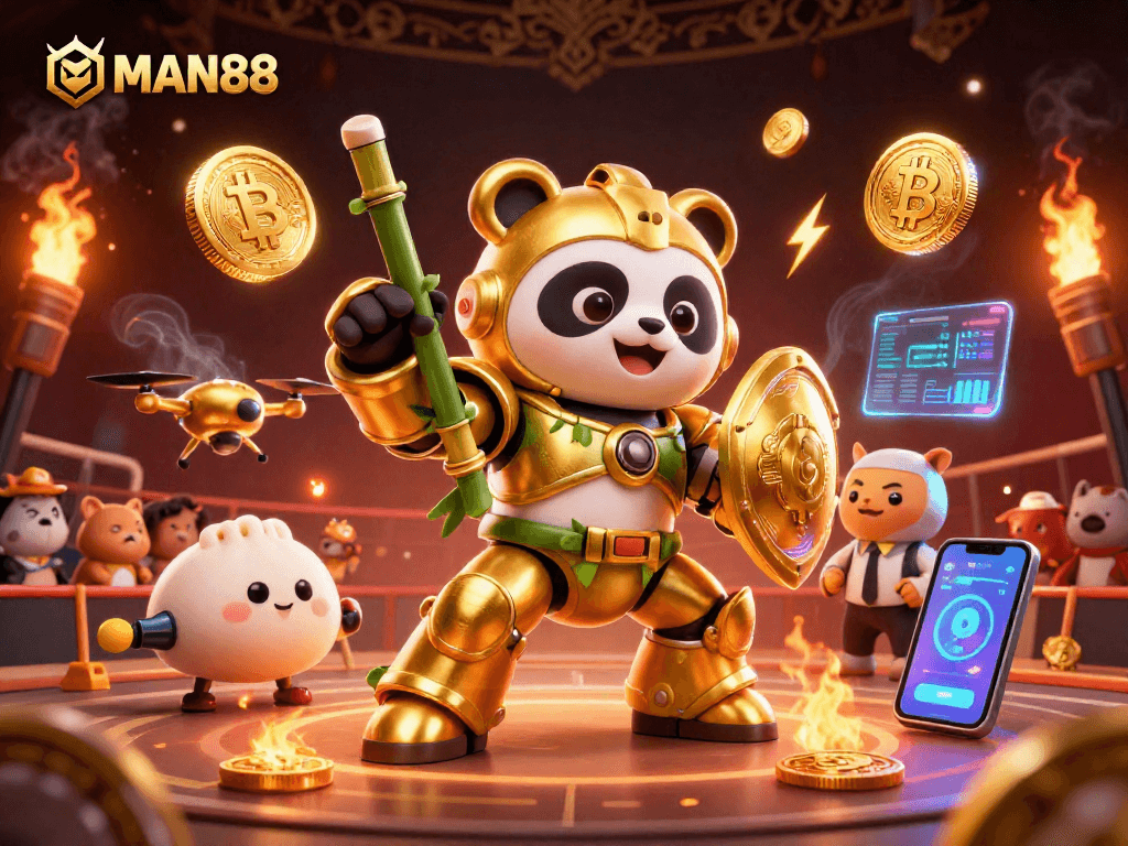 Experience thrilling action at MAN88 with a golden panda in a mech-suit battling in a vibrant casino arena.