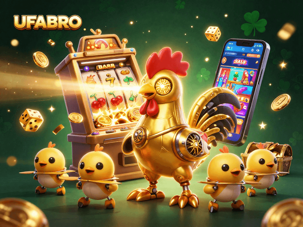 Join UFABRO in an exciting casino scene featuring a golden rooster robot and baby chick drones.