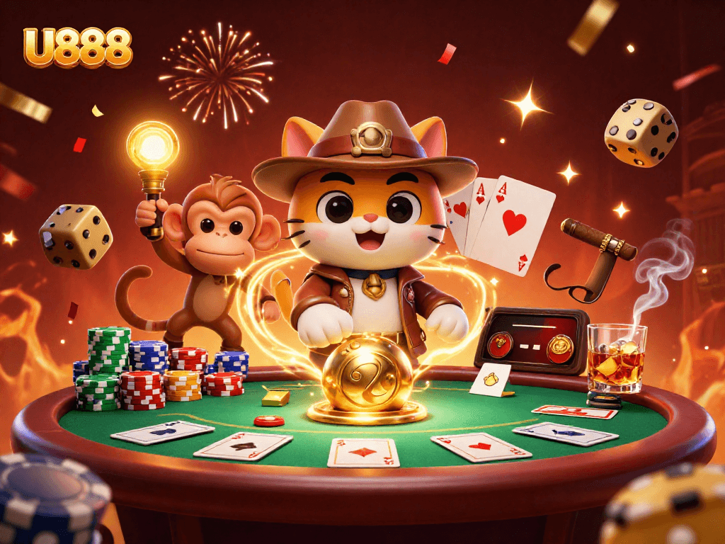 Experience the thrill of U888 with vibrant gaming scenes featuring poker and festive elements.