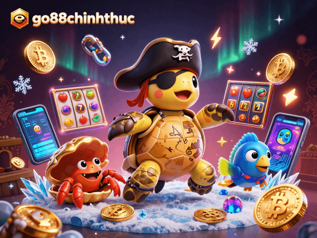 Engage with go88chinhthuc’s vibrant 3D casino scene showcasing a pirate turtle and dazzling crypto elements.