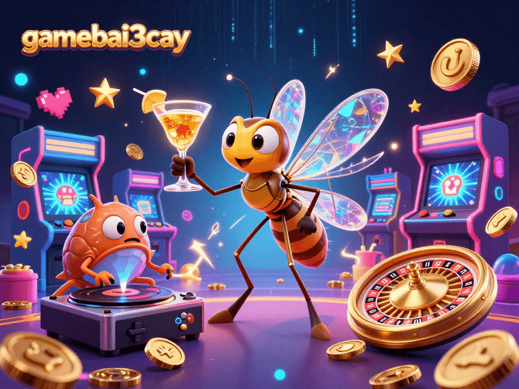 Experience thrilling gameplay with gamebai3cay's vibrant casino mascot and eclectic gaming elements.