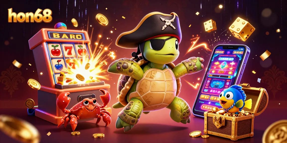 Enjoy thrilling gameplay at hon68, featuring a pirate turtle above slot machines and treasure!