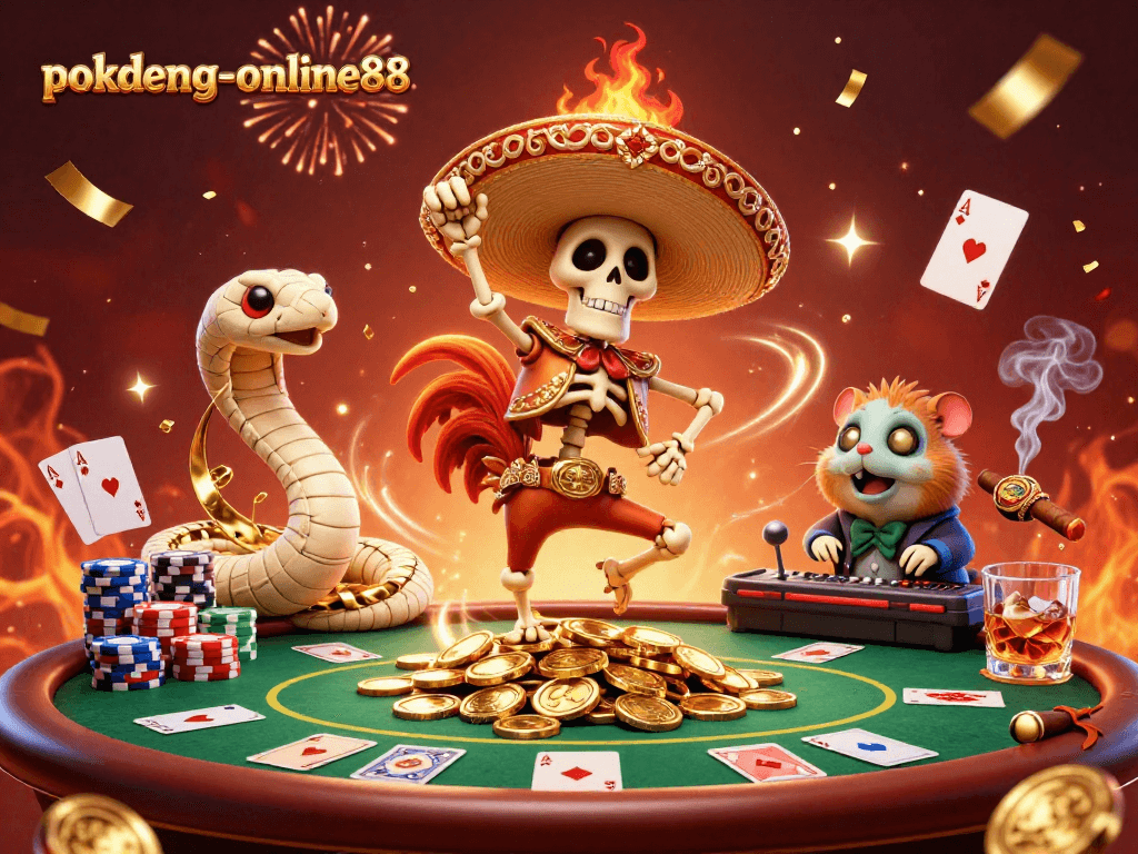 Engage in thrilling games at pokdeng-online88 with a lively scene depicting victory and celebration.