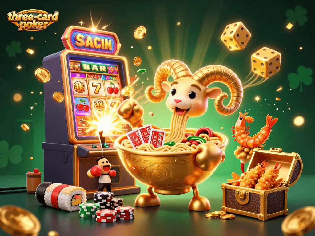 Experience the thrill of three-card-poker with a vibrant casino scene featuring animated characters.