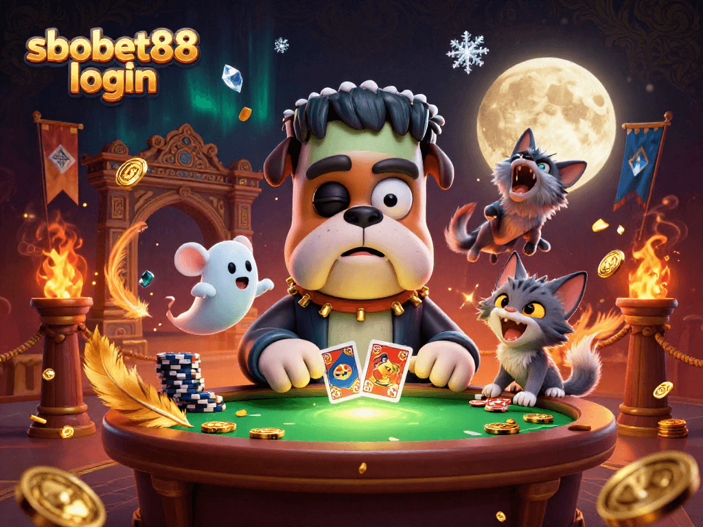 Engage with thrilling sbobet88 login action as cartoon characters deal cards and float through casino excitement.