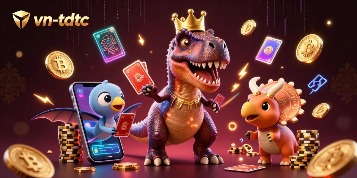 Play exciting games on vn-tdtc with the friendly T-Rex shuffling cards and securing crypto wins!