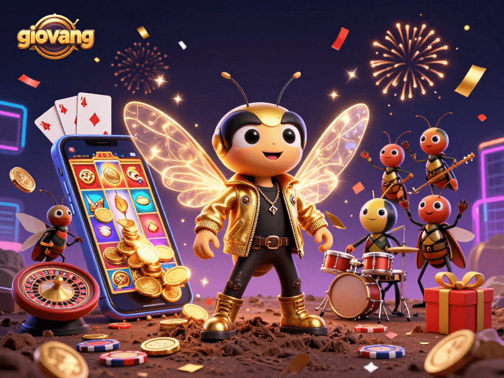 Experience the vibrant thrills of giovang with a rock star cicada and friends in a lively casino scene.