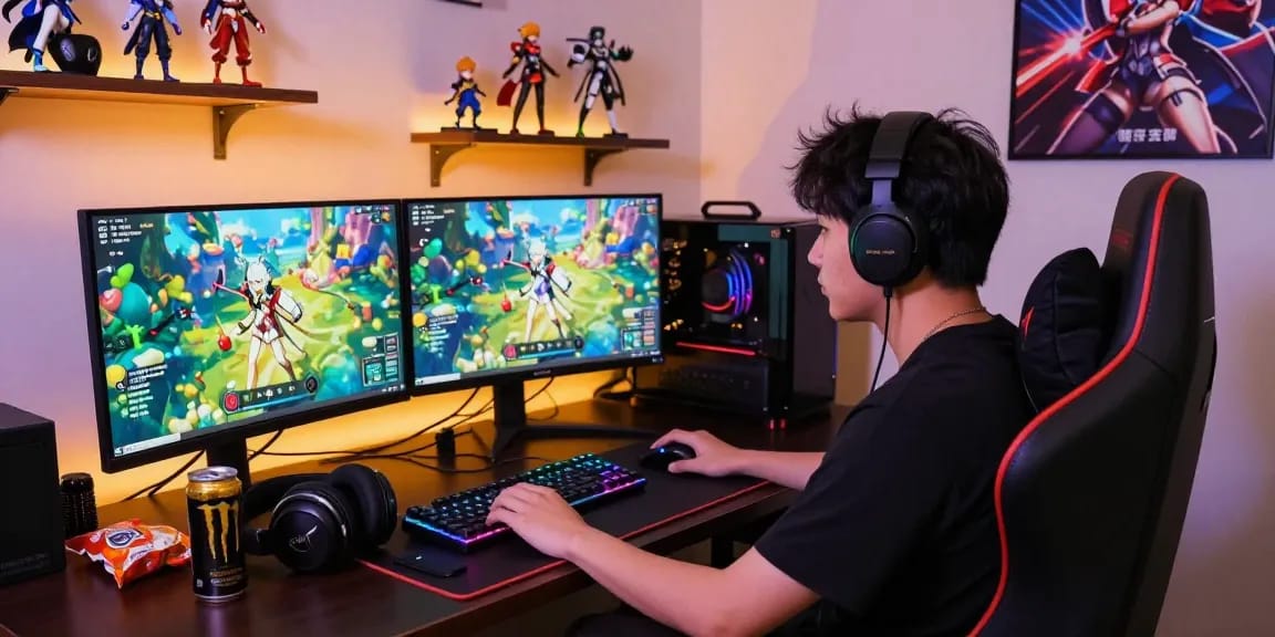 Gacha168 gaming enthusiast streaming live with immersive setup, dual monitors, and vibrant gaming accessories.