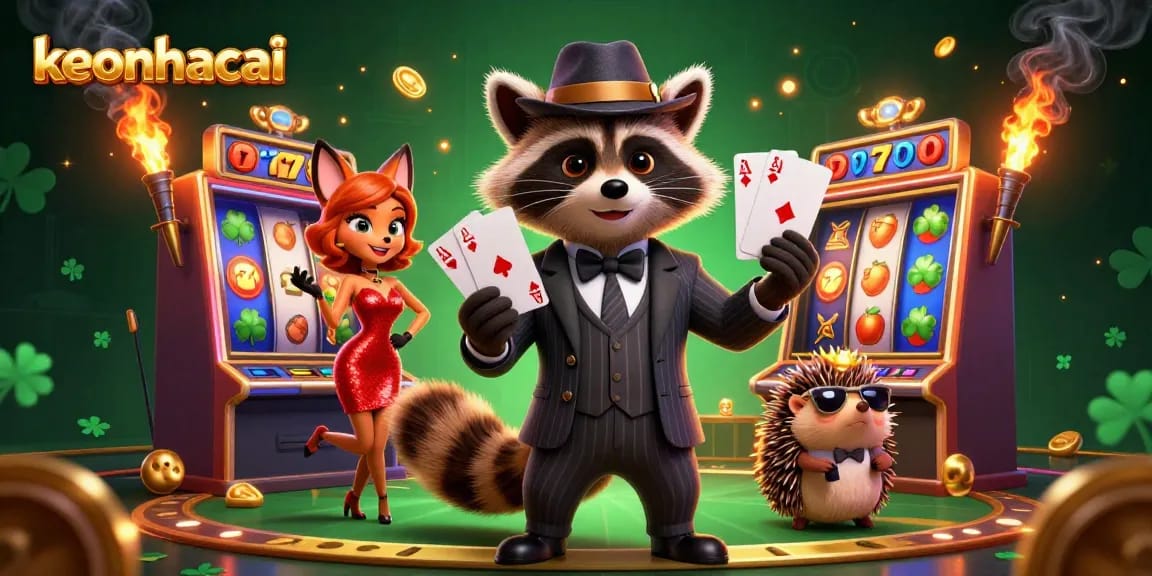 Experience the thrill of gaming with keonhacai's vibrant casino scene featuring raccoon, fox, and hedgehog characters.