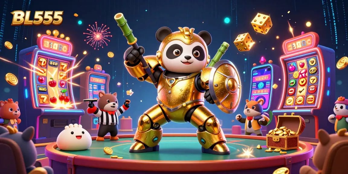 Experience the excitement of BL555 in a vibrant casino arena with a golden panda mech battling for jackpots.