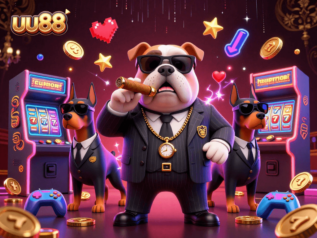 Play exciting casino games at uu88 with a thrilling illustration featuring a bulldog mafia boss.
