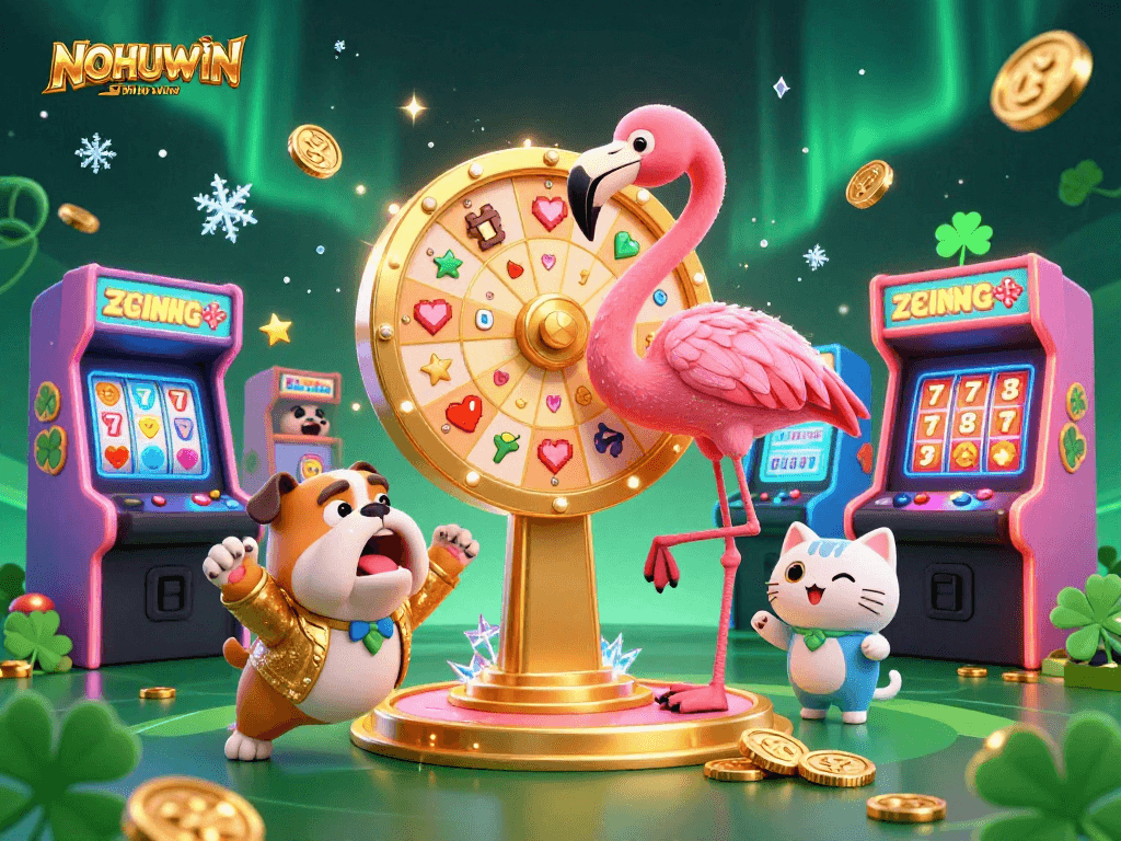 Engage in thrilling gameplay at NOHUWIN featuring a vibrant 3D illustration of a game host, excited player, and prize reveal.