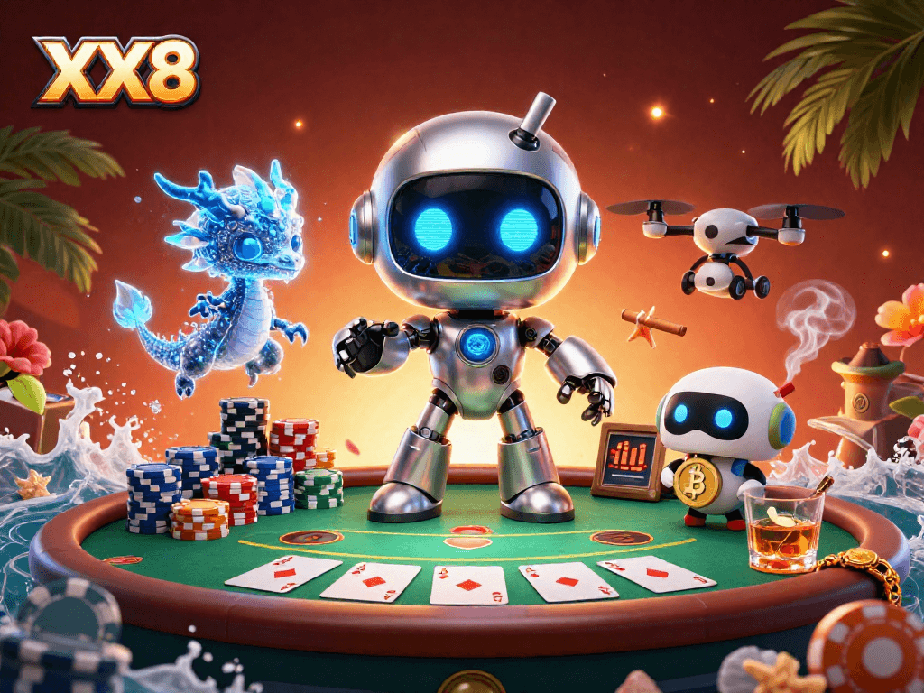 Bet big with XX8: a vibrant 3D illustration of a cyberpunk robot, AI dragon, and drone in a casino setting.