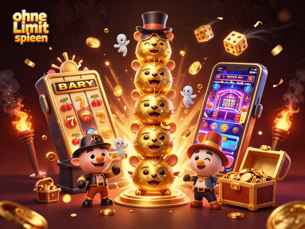 Engage in ohne Limit spielen with vibrant 3D casino characters, spinning slot machines, and glimmering treasures.