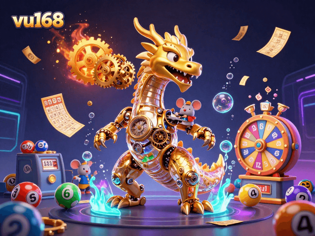 Experience thrilling wins at VU168, featuring a golden dragon amidst vibrant gaming elements.