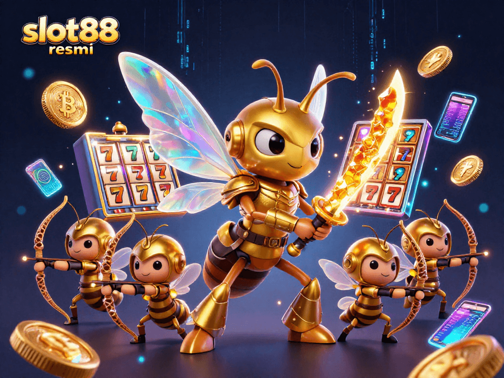 Experience the excitement of slot88 resmi with a thrilling illustration featuring a golden hornet samurai in a vibrant casino setting.