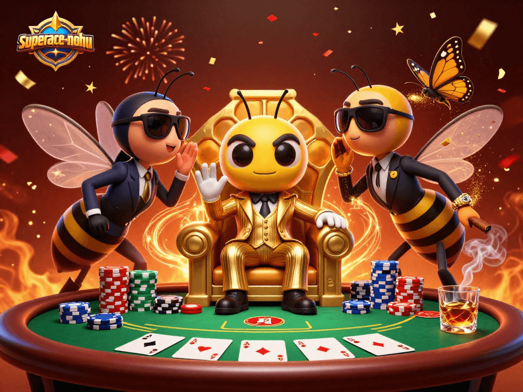 Immerse in superace-nohu with a vibrant poker scene featuring a bumblebee mob boss and dazzling casino elements.