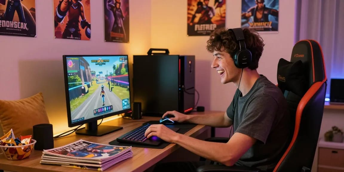 Young adult engaged in playing a free sex game on a high-end laptop in an inviting gaming space.