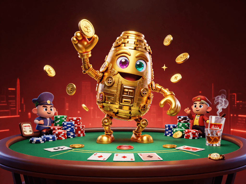 Engage with QQ88's dynamic online gaming experience featuring a golden golem and poker elements.