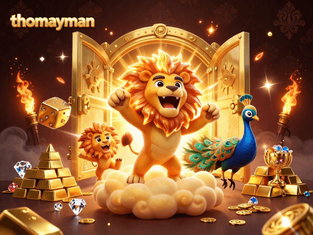 thomayman online slots feature a cartoon lion and golden dice amidst treasures