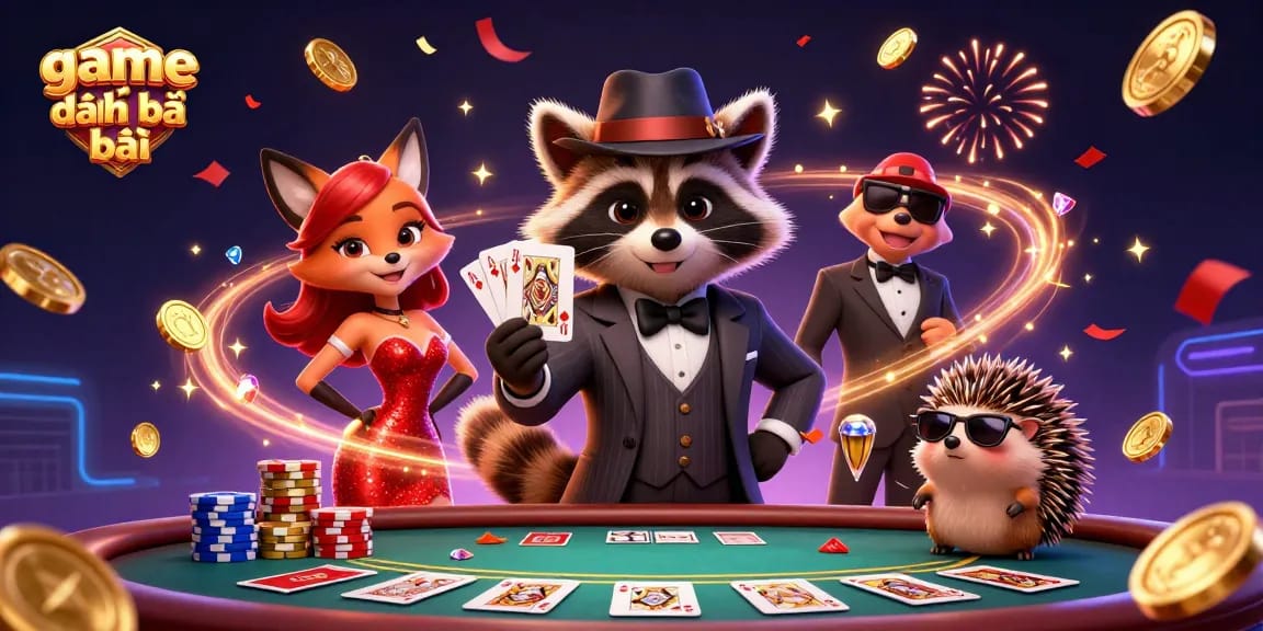 Experience game đánh bài with a stylish raccoon and fox in a vibrant casino scene.