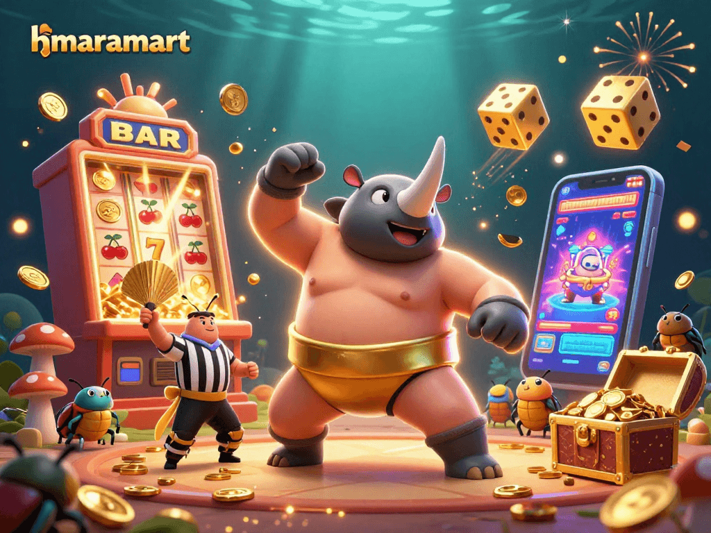 hmaramart showcases a vibrant casino scene featuring a jubilant beetle champion amidst slot machines and treasures.