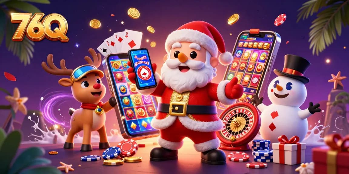 Ganhe grandes prêmios nas slots com 76Q, onde um Papai Noel animado celebra a vitória!