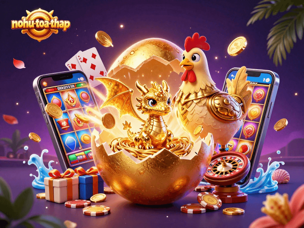 Experience the thrill of nohu-toa-thap with a baby dragon revealing treasures amidst a casino gaming scene.