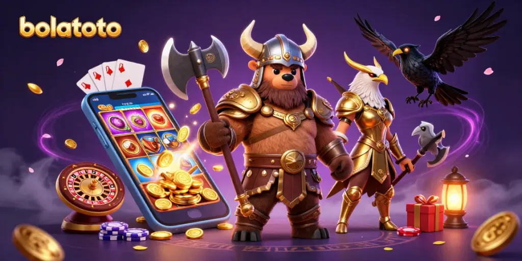 Engage in bolatoto excitement with a Viking bear and Valkyrie eagle in a colorful casino scene.