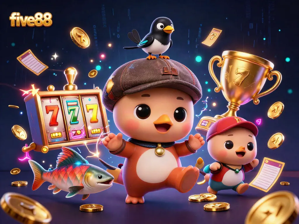 five88 casino illustration featuring cartoon Nessie and gold coins in an exciting gaming scene.