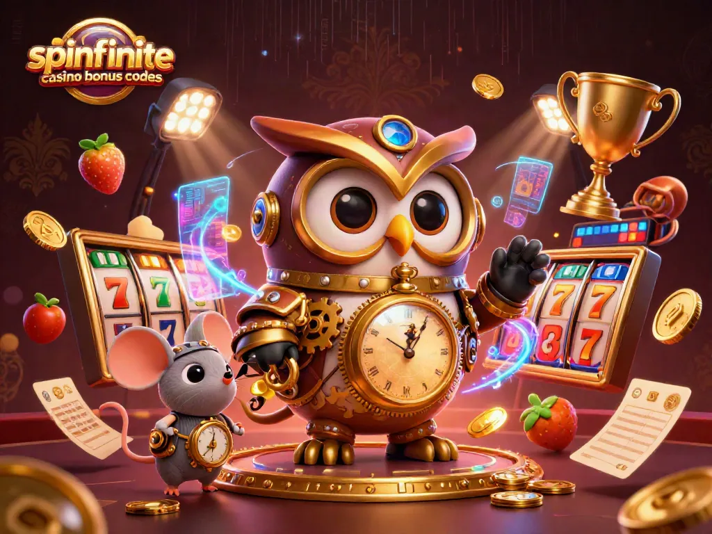 Spinfinite casino bonus codes illustrated with a steampunk owl, slot elements, and dynamic casino action.