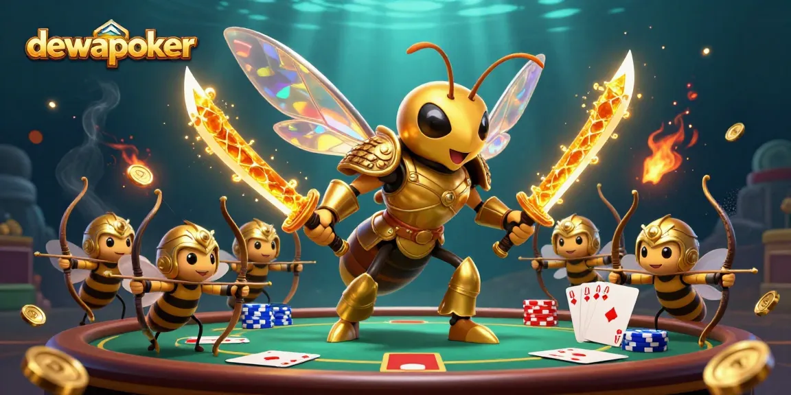 Dewapoker poker game illustration featuring a giant hornet in samurai armor and bee archers in a vibrant, dynamic casino scene.