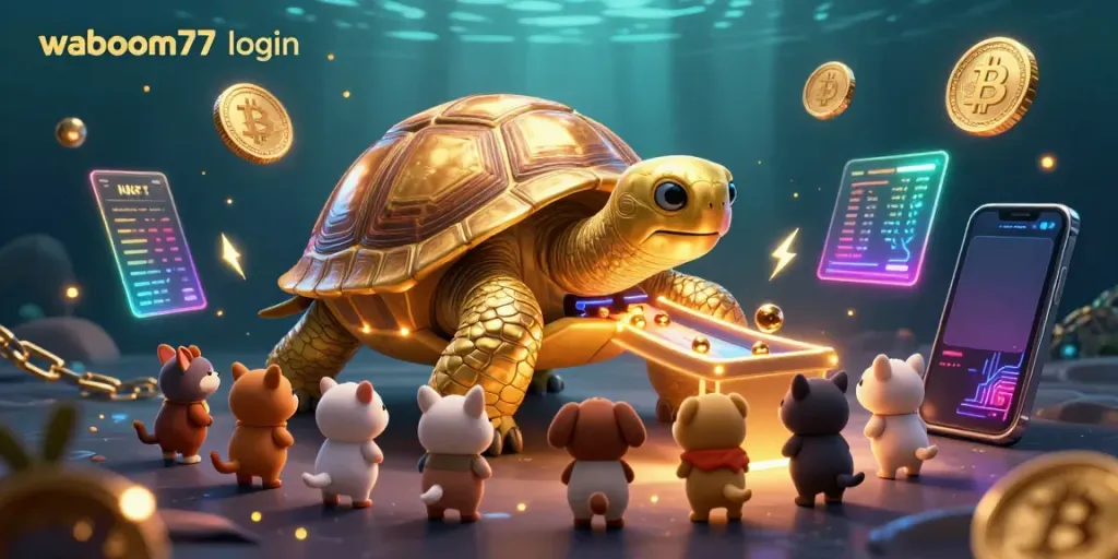 Experience the excitement of the waboom77 login with golden tortoise and animated coin elements in a lively casino scene.