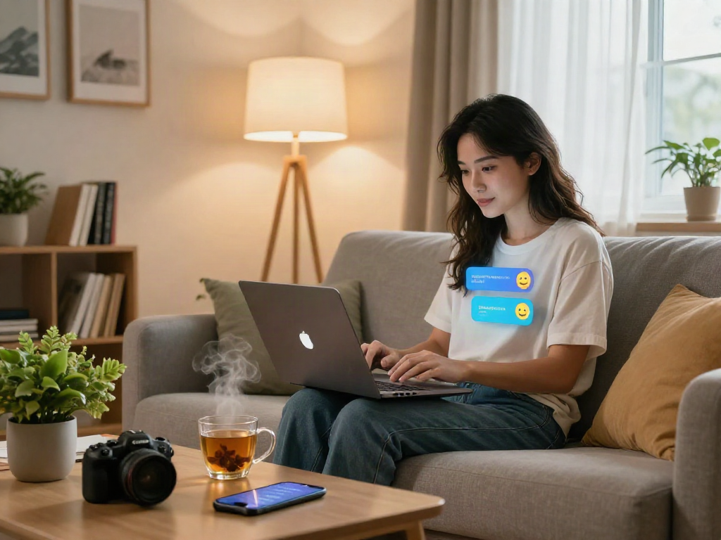 Cozy living room with woman engaging in sex ai chat on laptop, warm ambiance, modern decor.