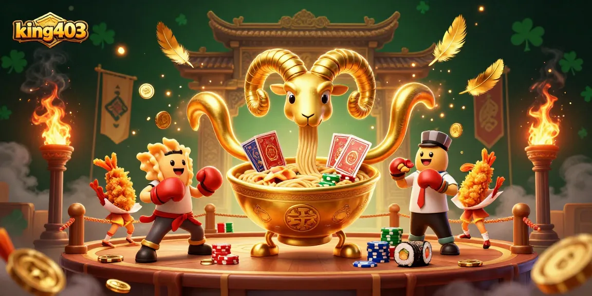 Witness king403's vibrant casino scene with a golden ramen bowl character dealing cards amid cheering food allies.