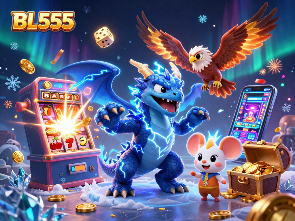 Experience thrilling gameplay at BL555 with an electrifying dragon, hawk, and jackpot scene.