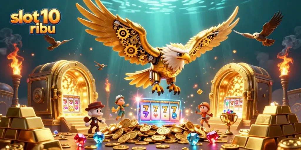 Experience thrilling slot 10 ribu action with a cybernetic eagle in a treasure-filled casino setup.