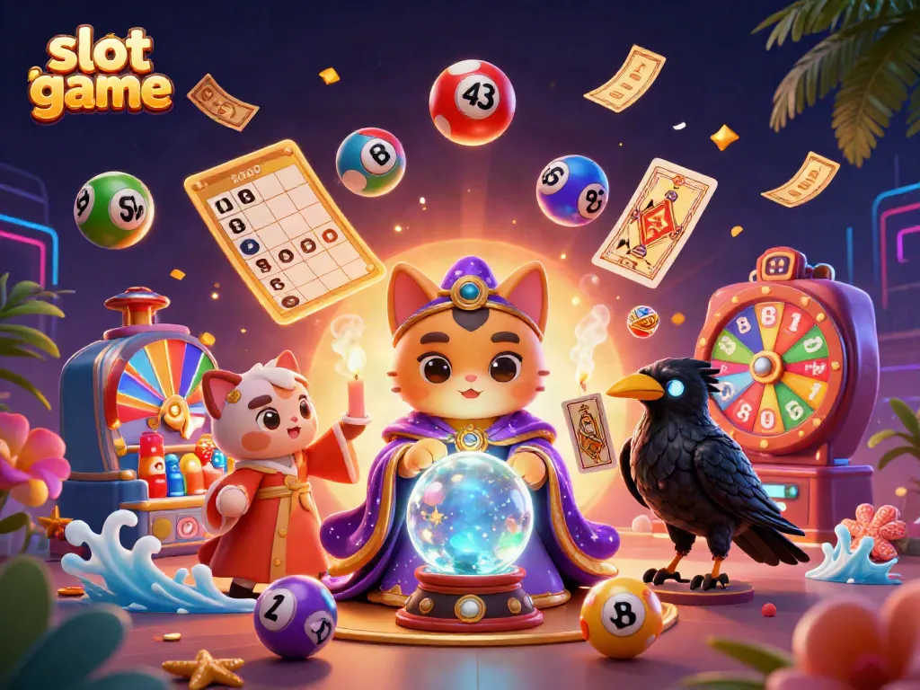 Permainan slot menarik dengan kucing peramal mistis, burung gagak, dan efek uang hujan.