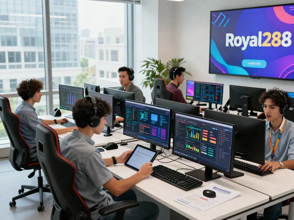 Ruang kerja modern royal288 dengan informasi asuransi dan pemain game dalam suasana ceria.