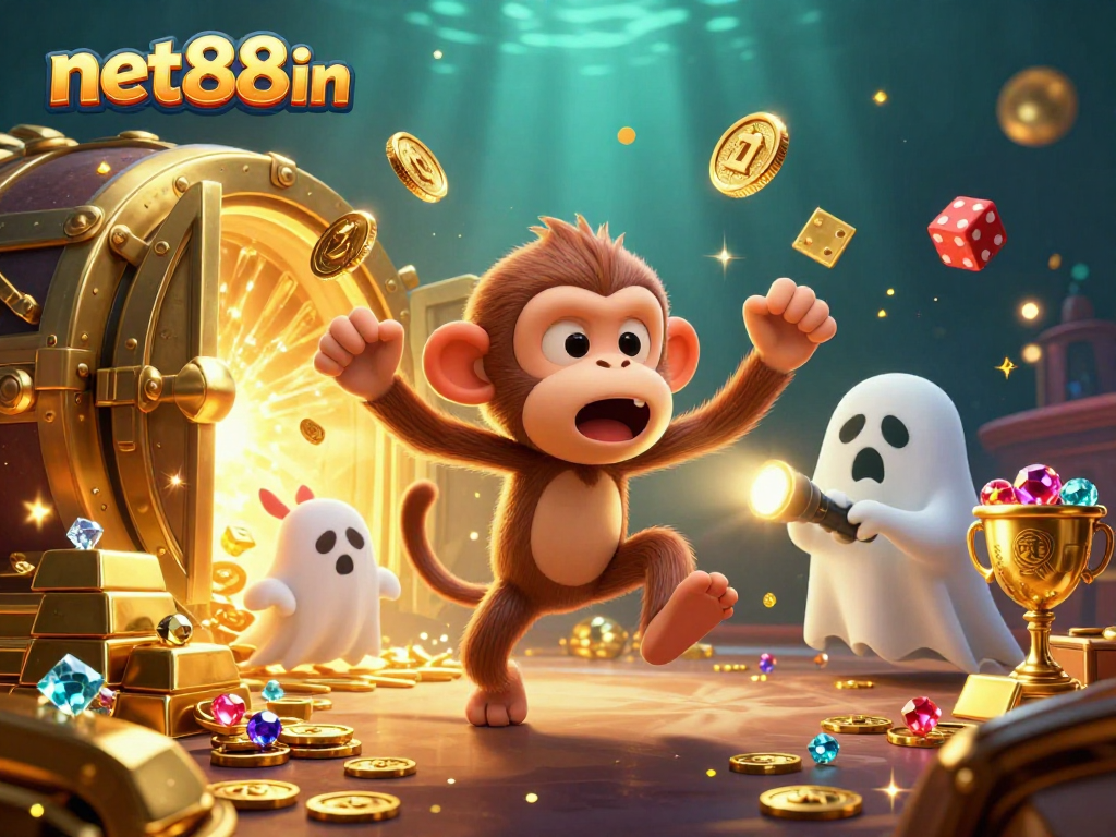 Experience wining thrills in net88in's haunted casino adventure with a mischievous ghost monkey.