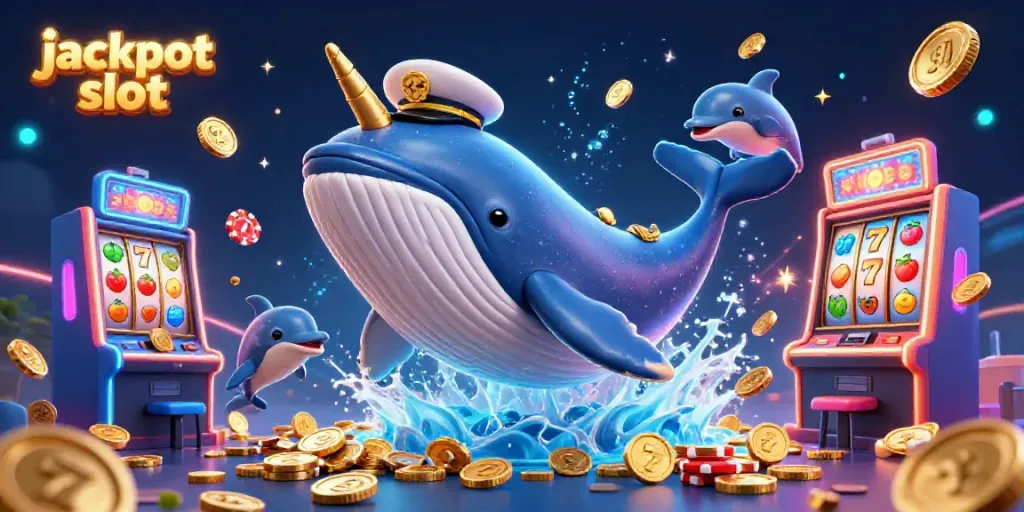 Engage with a jackpot slot experience, featuring a whale, narwhal, and dolphins amid vibrant casino elements.