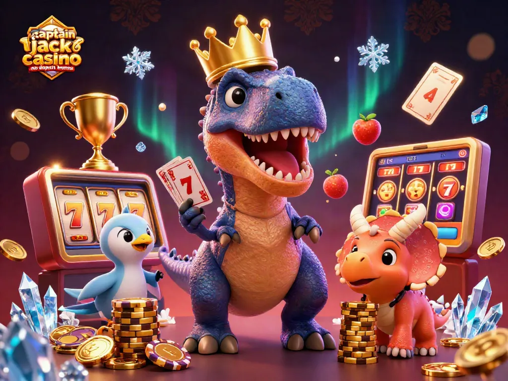 Win with the captain jack casino no deposit bonus while friendly dinosaurs shuffle cards and stack chips.